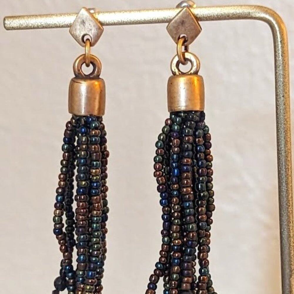 NWOT Chico's Metallic Seed Bead Tassel Brushed Gold Pierced Earrings